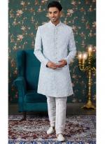 Art Silk Sky Blue Groom Wear Thread Work Readymade Sherwani